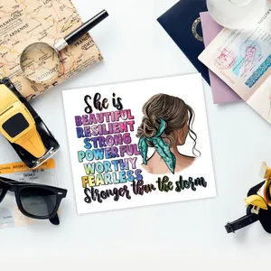 Detailed UV transfer sticker with female illustration and inspirational words for glass cups