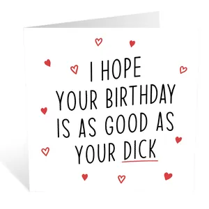 Funny white birthday card with envelope featuring black text and red hearts graphics