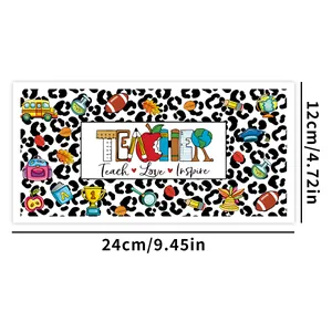 Detail view of 9.45x4.72 inch UV DTF teacher leopard wrap with school icons