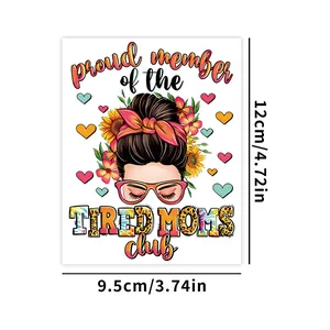 Detail of 12cm UV DTF transfer sticker for 16oz glass with Tired Mom Club sunflower design