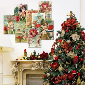 Detail view of 12 vintage Valentine's Day postcards with Cupid art displayed on a white wall