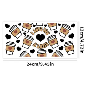 Detailed dimensions of 24cm x 12cm UV DTF sticker with I Love You A Latte coffee design
