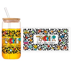 Detailed flat layout of the leopard print and teacher theme design for a 16oz glass cup