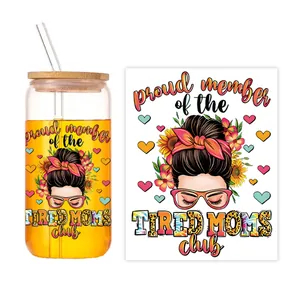 16oz glass can with bamboo lid and straw featuring a Tired Moms floral design