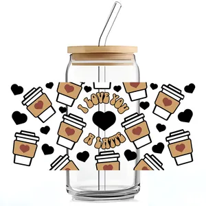 Detail of 16oz can glass with bamboo lid and I Love You A Latte coffee theme decal