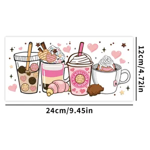 Vue détaillée du film UV DTF 24x12cm avec motifs de café et de pâtisseries roses mignons