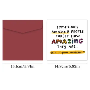 Detailed view of funny birthday card and red envelope with precise size dimensions