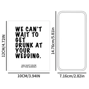 Creative wedding wine bottle stickers with humorous text and dimension specs