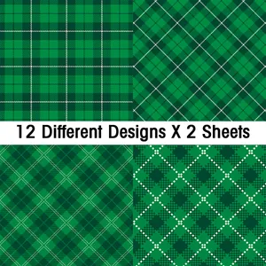 Detailed close-up of 12 green St. Patrick plaid patterns for DIY scrapbooking material