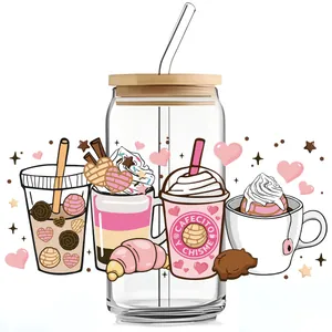Canette en verre 16oz avec couvercle en bambou et paille motifs café et croissant roses