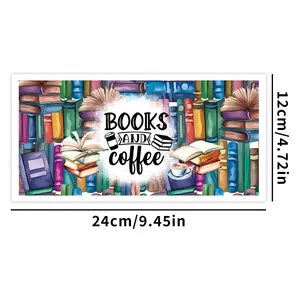 UV DTF transfer sticker for 16oz glass wrap with books and coffee design 24x12cm