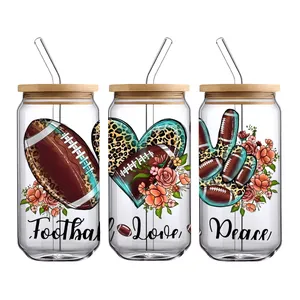 Three 16oz glass cups with bamboo lids and straws featuring football floral UV transfers