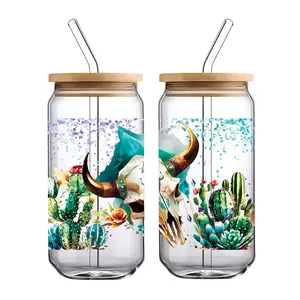 Detail von 16oz Gläsern mit Boho-Stierkopf, Kaktus-Prints und Bambusdeckeln