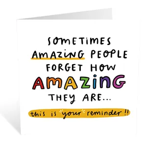 Detail of white square greeting card with motivational quote and envelope included