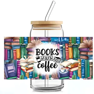 Detail of 16oz glass can with Books and Coffee print, bamboo lid and glass straw