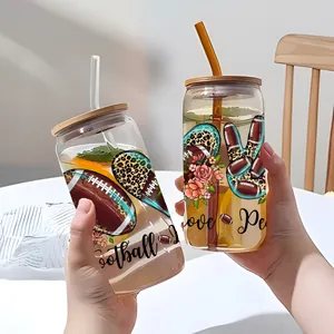 16oz football theme glass can set with bamboo lid, leopard heart and straws