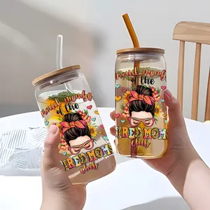 UV DTF transfer sticker for 16oz glass cup with Tired Mom Club cartoon design