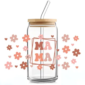 Detail of floral MAMA decal on 16oz glass cup with bamboo lid and glass straw