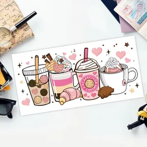 Autocollant de transfert UV DTF détaillé avec illustrations de café pour verres 16oz
