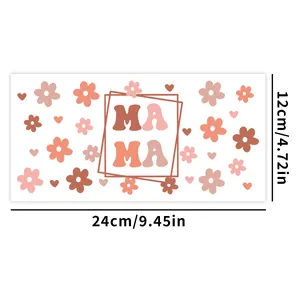 Macro view of 24x12cm UV DTF transfer sticker with floral pattern and MA MA text design