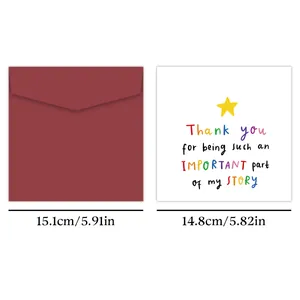 Detail view of 5.9 inch square burgundy envelope and thank you greeting card with dimensions