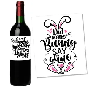 Easter bunny wine bottle labels set with funny puns for festive party decoration