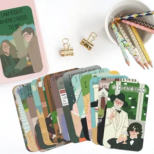 Creative Good Omens affirmation cards with modern illustrations and pink paper sleeve