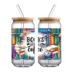 Detail of 16oz glass can with Books and Coffee UV transfer stickers and bamboo lid