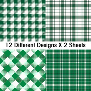 Detail showing 12 different green and white plaid patterns for DIY scrapbooking paper