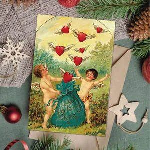 Retro Cupid Valentine's Day postcard set with angels on rustic knit background