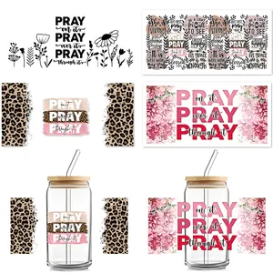 Adesivi a Trasferimento UV DTF per Libbey Glass da 16oz Citazione Religiosa Motivazionale Motivo Floreale Leopardato DIY