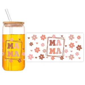 Close-up of Mama and flower print on 16oz glass cup with bamboo lid and straw