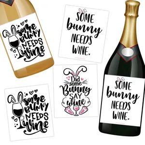 Easter bunny wine bottle labels set with humorous quotes for party decorations