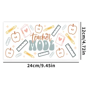 Detailed view of teacher-themed 16oz UV DTF glass wrap transfer sticker with dimensions