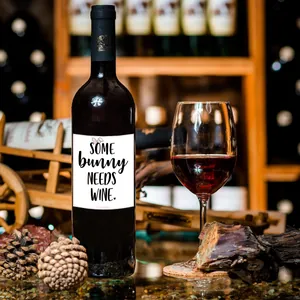 Close-up of Easter wine bottle label with bunny ears and some bunny needs wine text