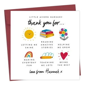 Detailed view of teacher thank you card with colorful icons and deep red envelope