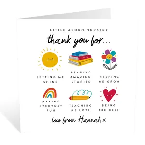Detailed view of square white matte nursery thank you card with colorful cartoon illustrations