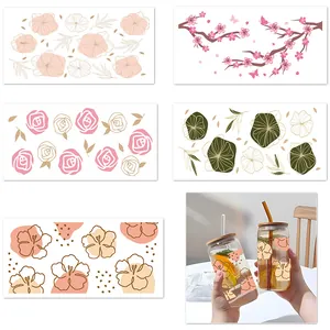 Florale UV DTF Transfer Aufkleber Für Glasbecher Wasserdicht Botanisch Rose Kirschblüte Muster DIY Tassen Deko