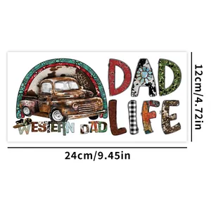 Detailweergave van UV DTF-sticker voor 16oz glas met Western Dad-auto-ontwerp en maten