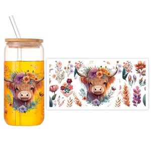 Detaillierter UV-DTF-Aufkleber mit Highland-Cow-Design für 16oz Glastassen-Folie