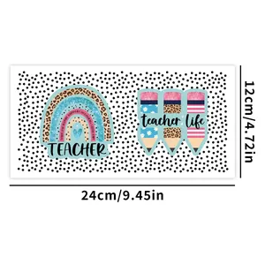 Detailed dimensions of UV DTF transfer sticker for 16oz glass with teacher life design