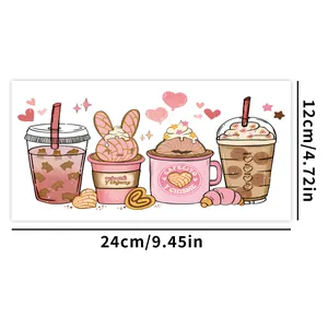 Autocollant de transfert UV DTF pour verre 16oz avec motifs de café et dessert lapin
