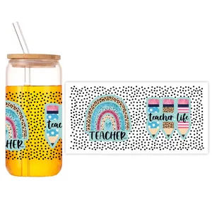 Detail of 16oz glass cup with UV transfer teacher life wrap and bamboo lid set