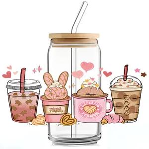 Verre de 16oz avec couvercle en bambou et paille orné d'autocollants UV café et desserts