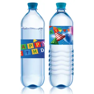Set of water bottle labels for birthday parties featuring blue themed happy birthday stickers