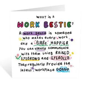 Detail of funny square folded Work Bestie greeting card with colorful doodle illustrations