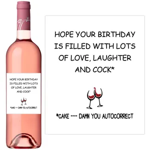 Detail of pink rosé wine bottle with creative humor label and custom party stickers