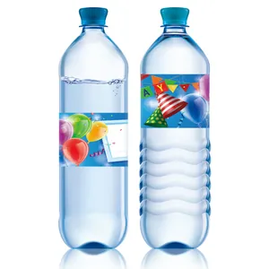 Birthday party water bottle stickers with colorful balloon and party hat decorations
