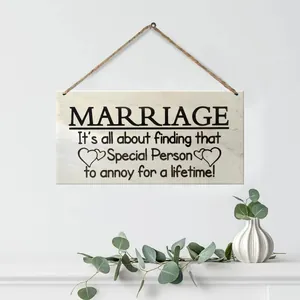 Funny marriage quote wooden wall sign with eucalyptus leaves in modern farmhouse decor