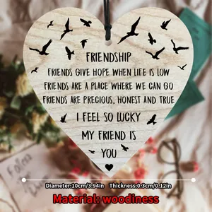 Heart-shaped wooden friendship plaque with birds silhouette and hanging rope for home decor